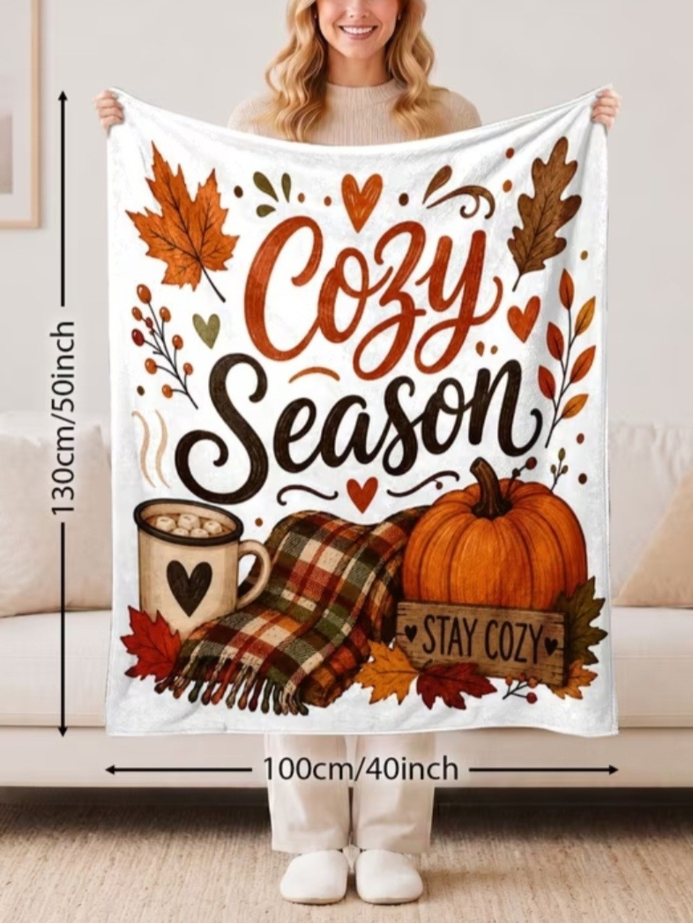Cozy Season Fall Throw Blanket - White with Orange Pumpkin Design